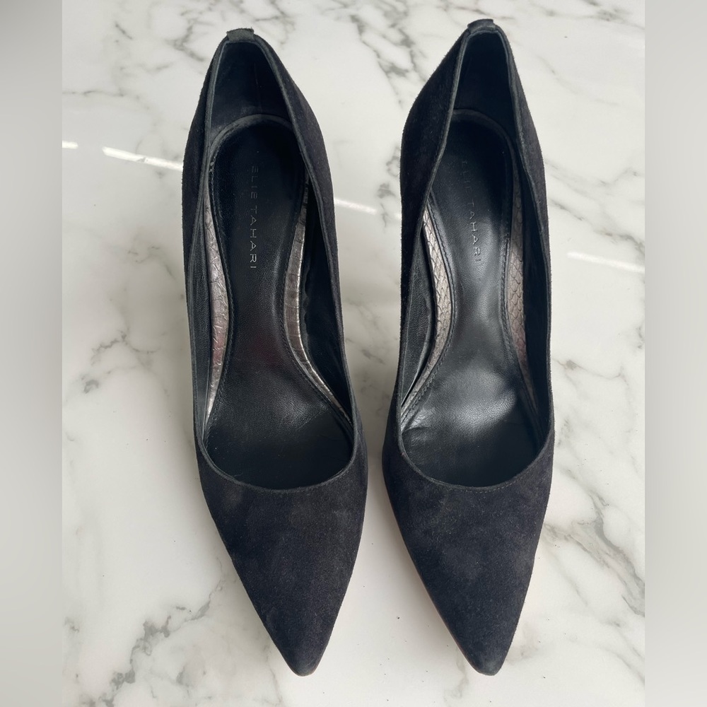 Elie Tahari black suede and silver stiletto pump